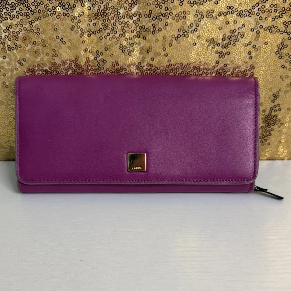 Lodis Magenta Genuine Leather Bifold snap closing Clutch Wallet